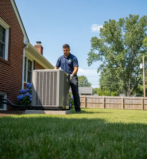A technician checking an outdoor AC condenser beside a brick home